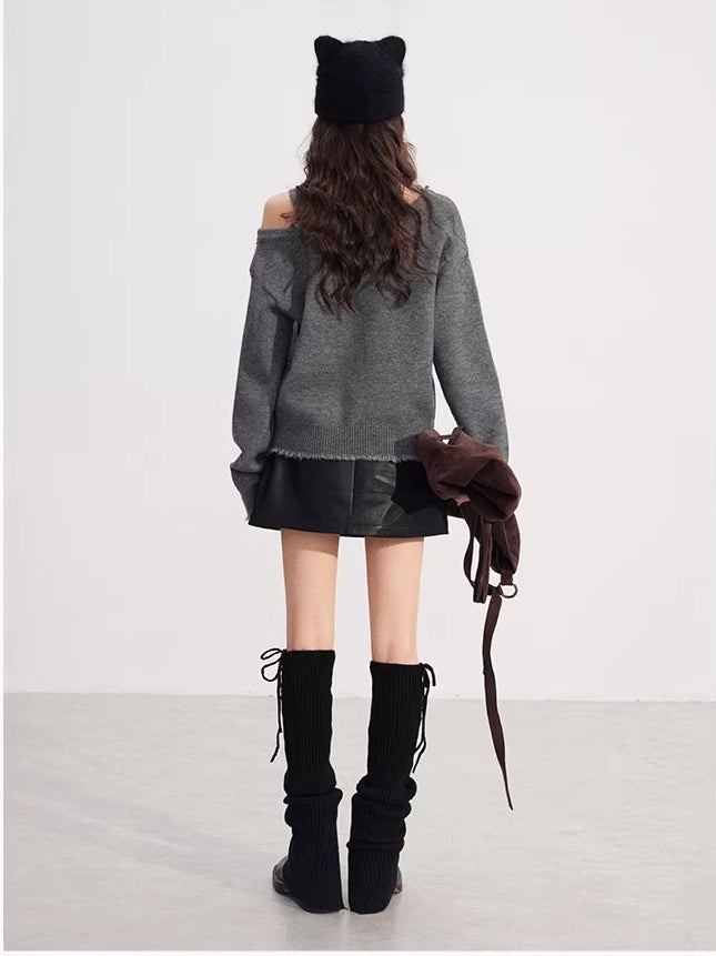 Off Shoulder Embroidered Distressed Sweater