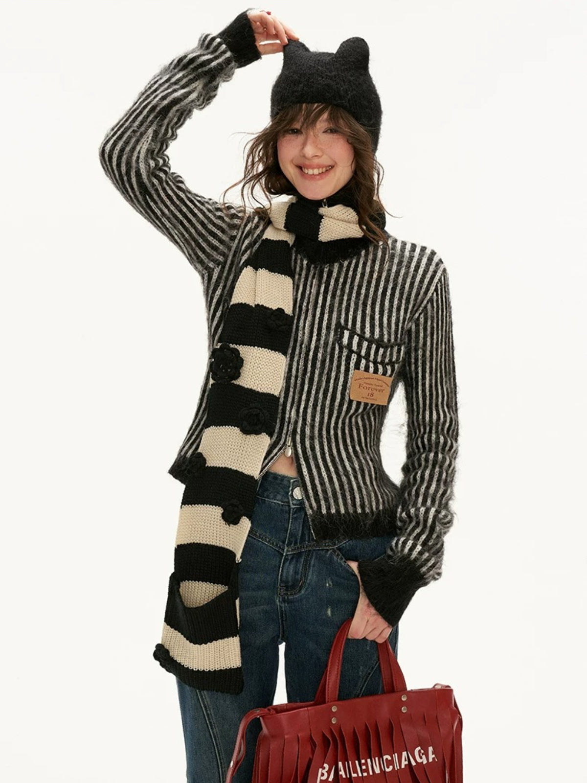 Striped Hooded Zip Knit Cardigan