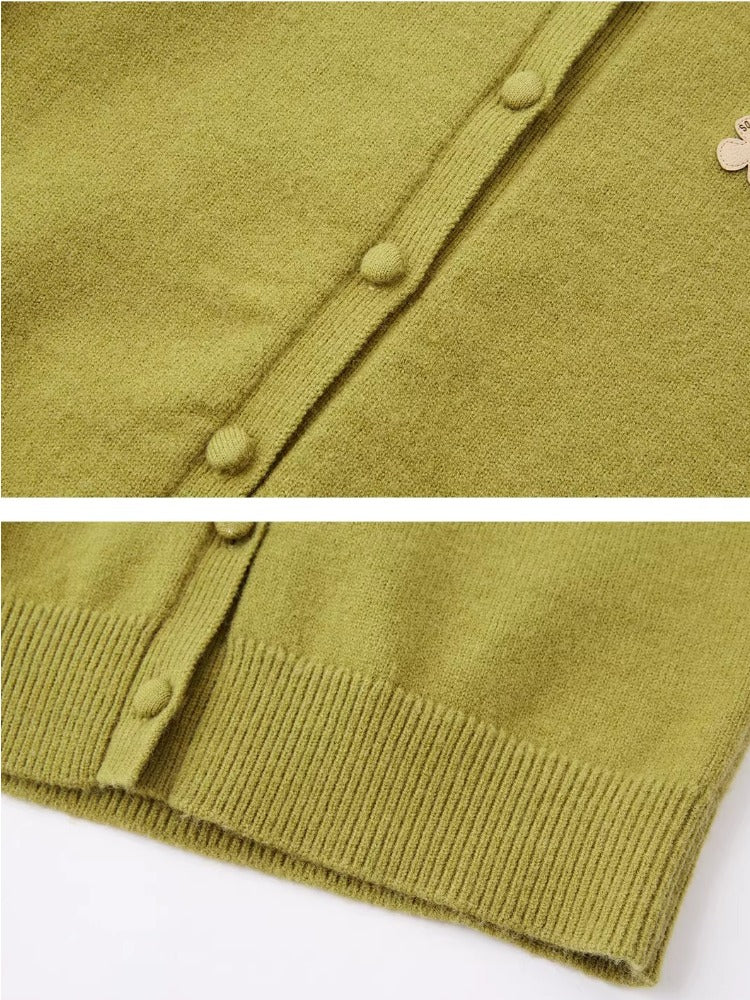 Green Detachable Fur Collar Cardigan
