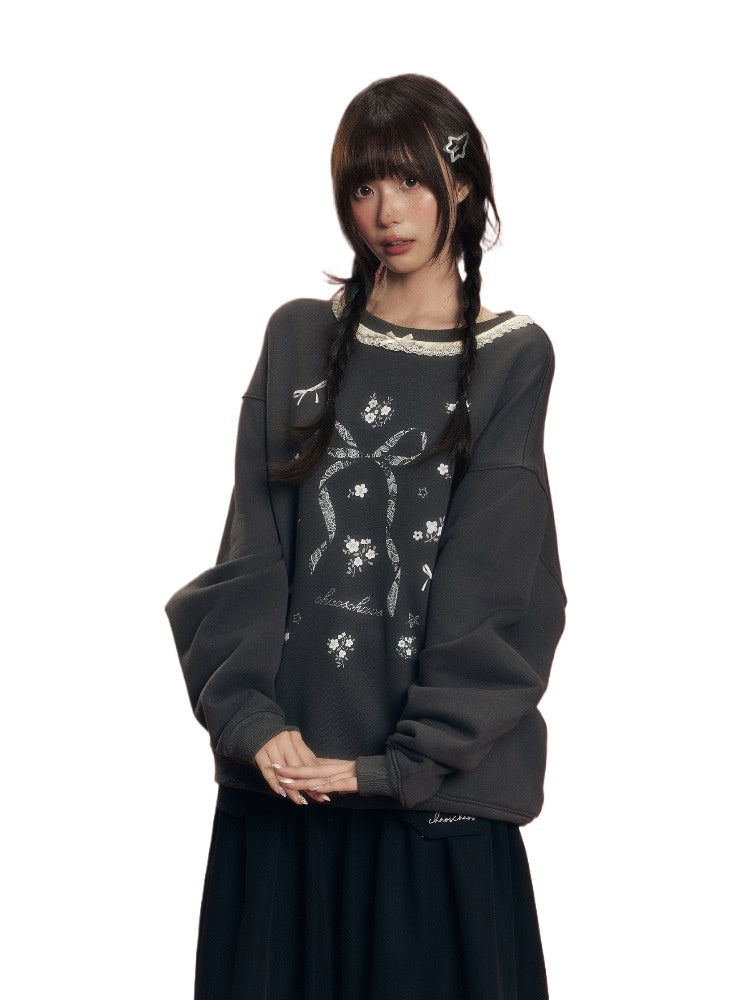 Floral Lace Trim Crewneck Sweatshirt