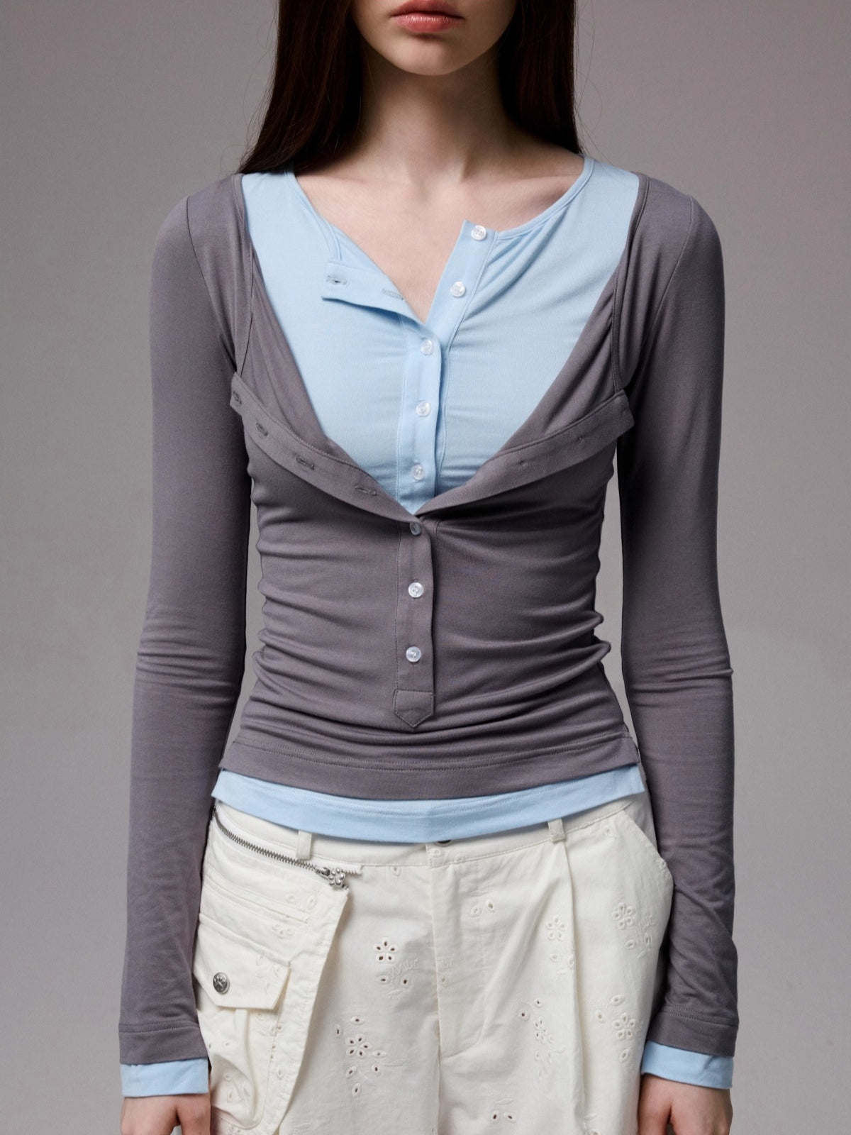 Contrast Layered Henley Blouse