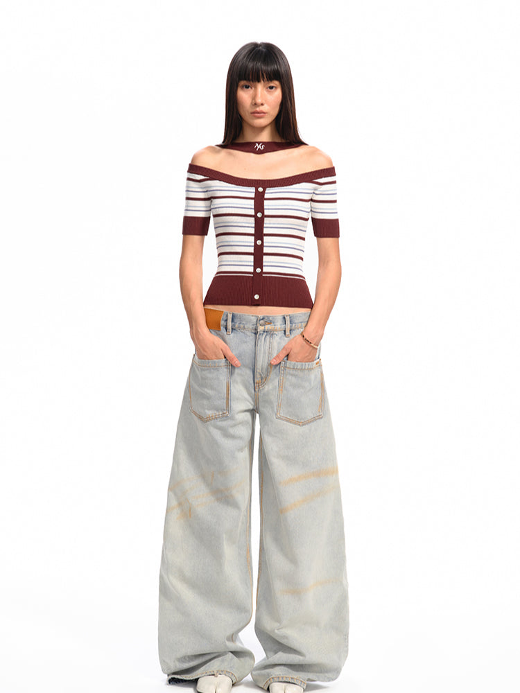 One-Shoulder Halter Neck Color-Block Striped T-shirt