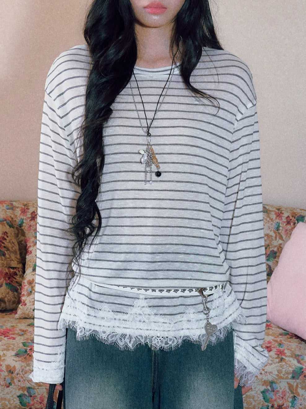 Striped Lace Trim Tee
