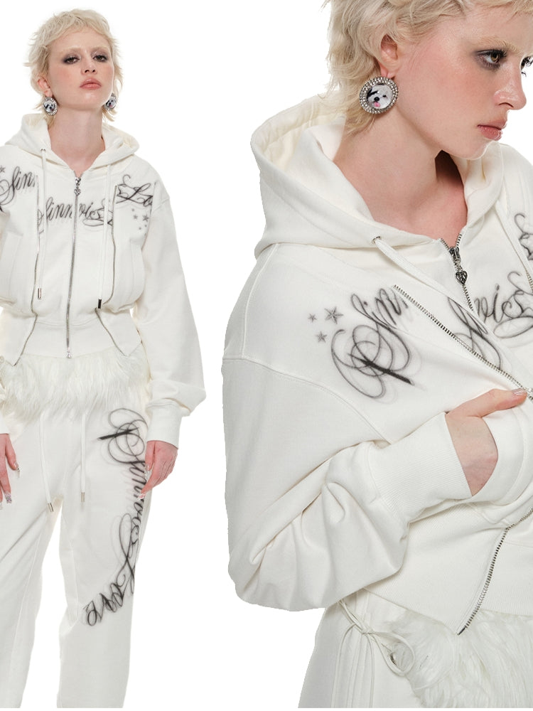 White & Gray Cropped Hoodie Cardigan