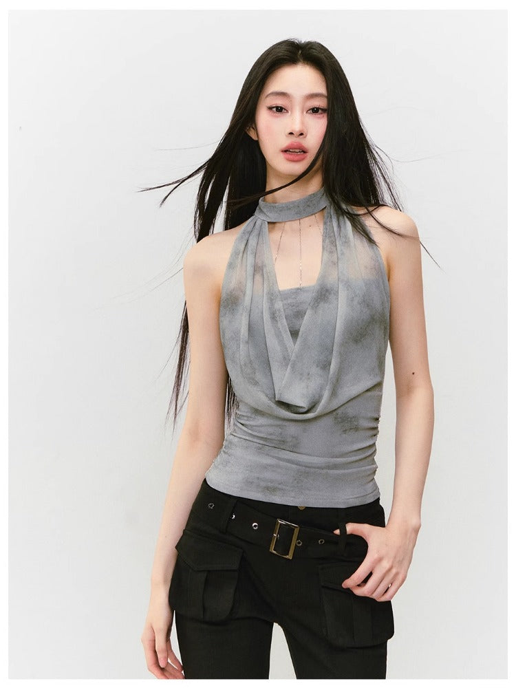 Chain Swing-neck Halter Neckline-gathered Waist Tank Top