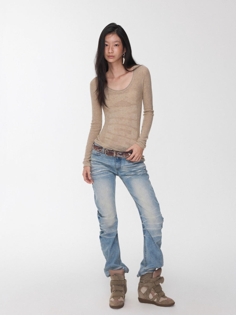 Crewneck Textured Open-Knit Wool Sweater