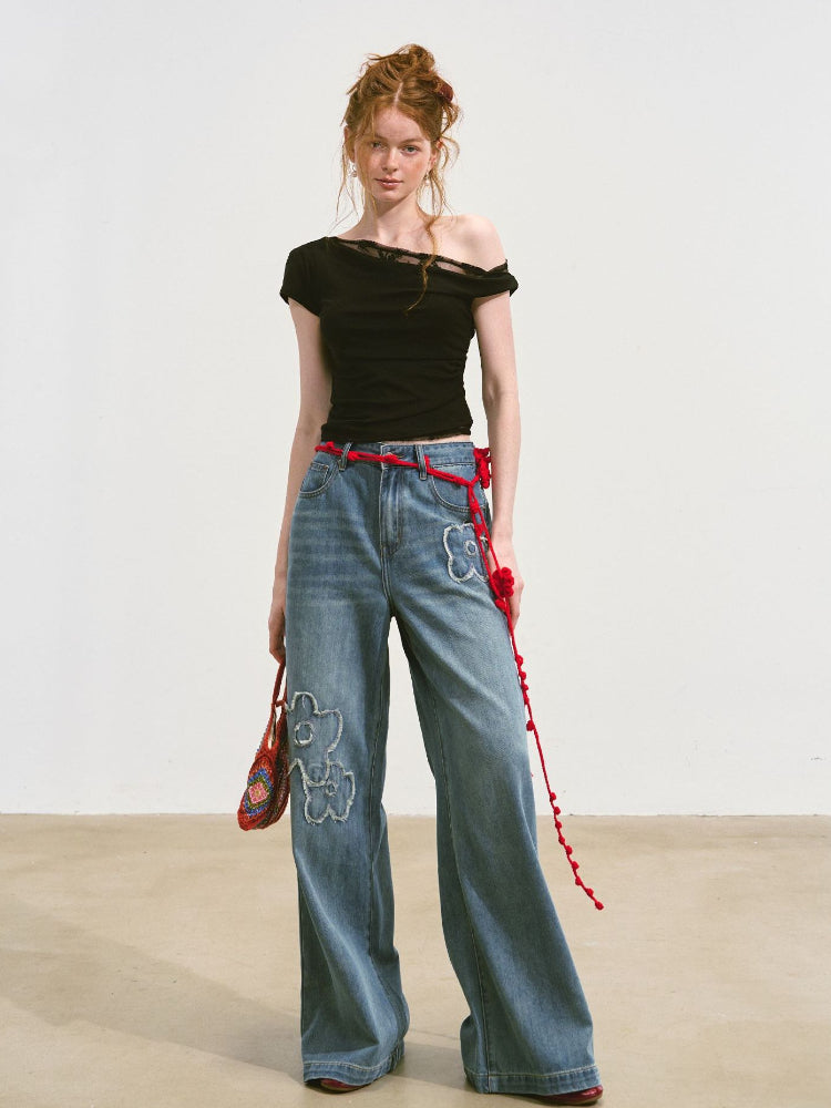 Raw-edge Flower-Patch Straight-leg Jeans