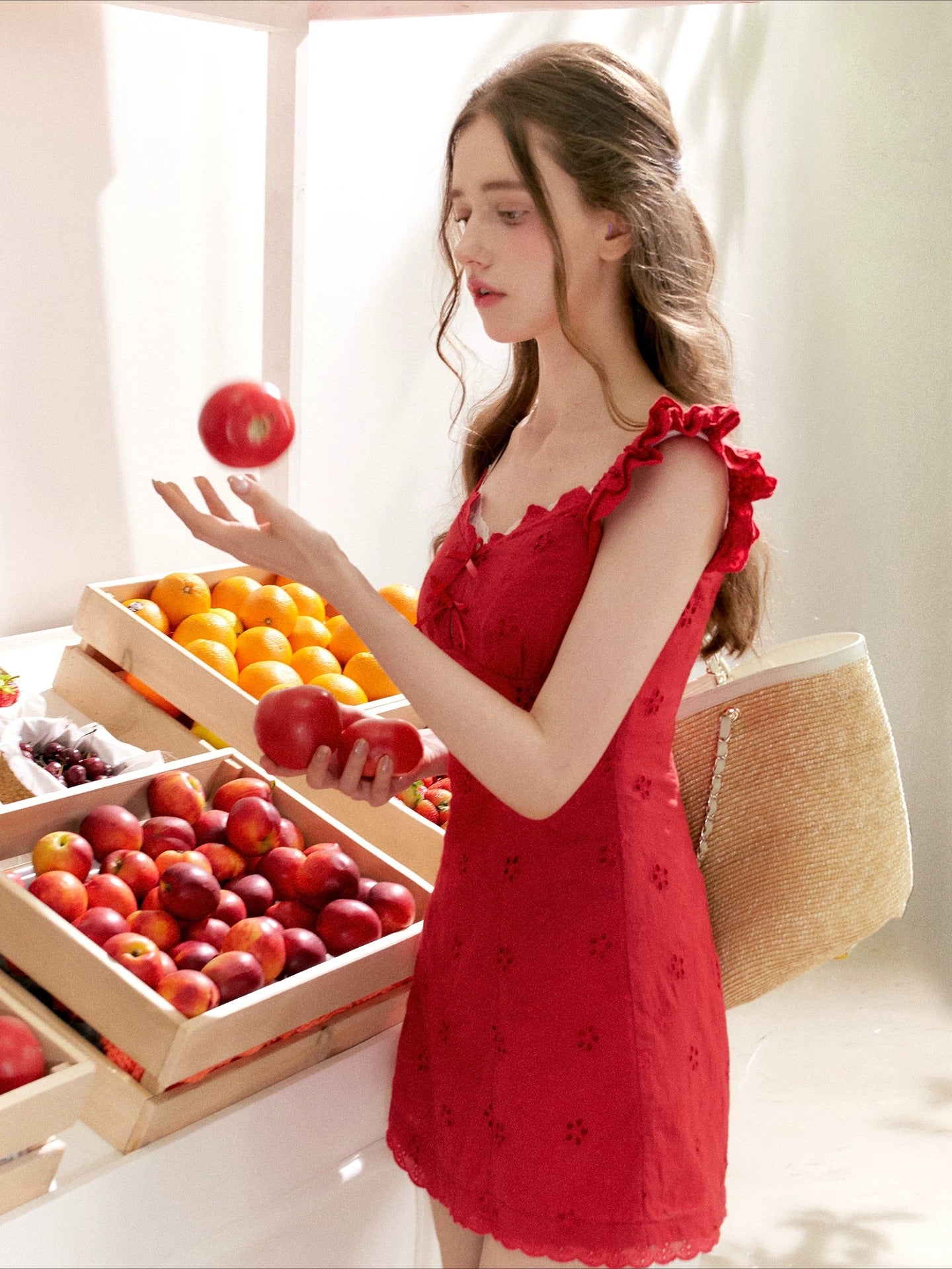 Red Embroidered Ruffle Dress