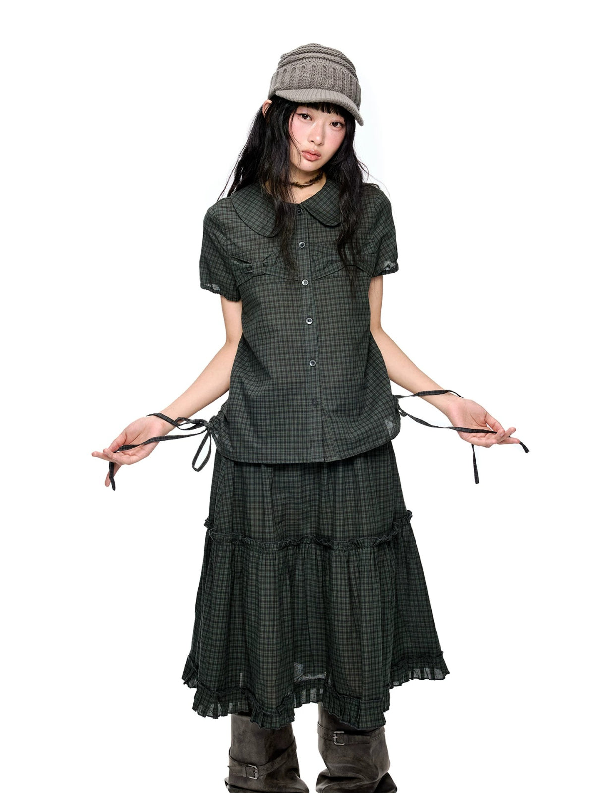 Polka Dot Collar Shirt & Skirt Set