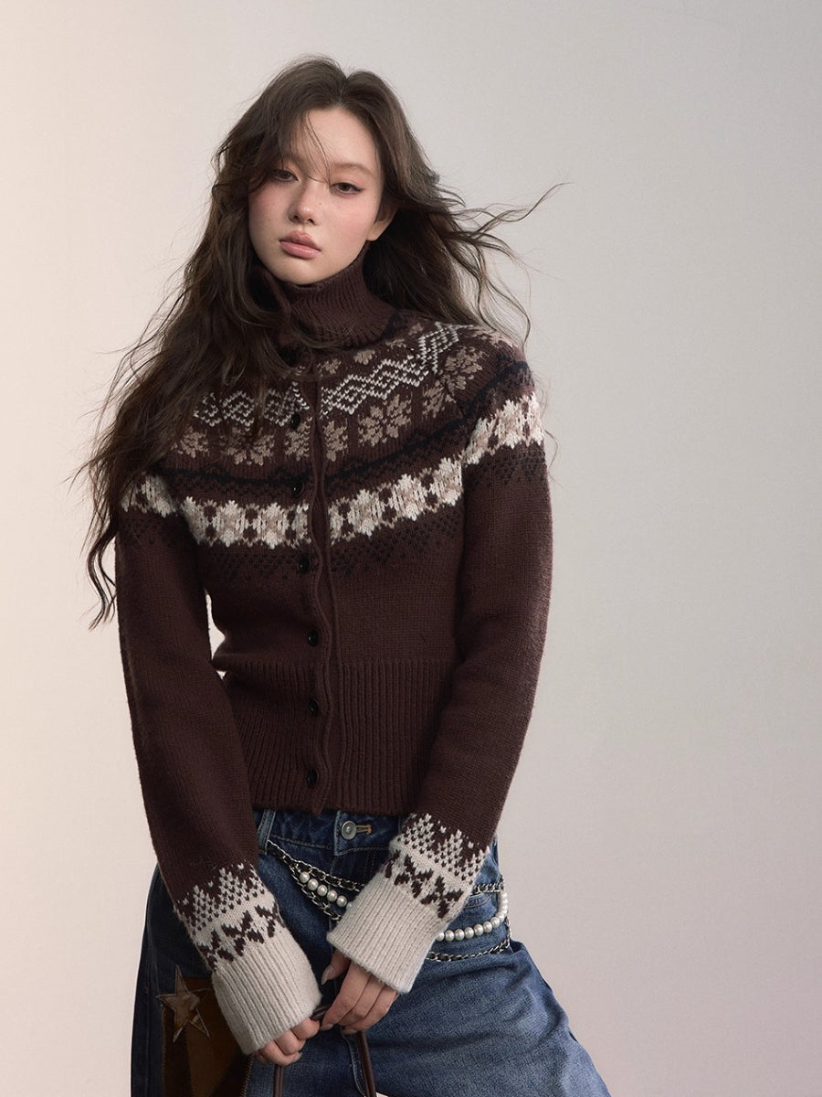 Fair Isle Heavy-Duty Knit Turtleneck Cardigan