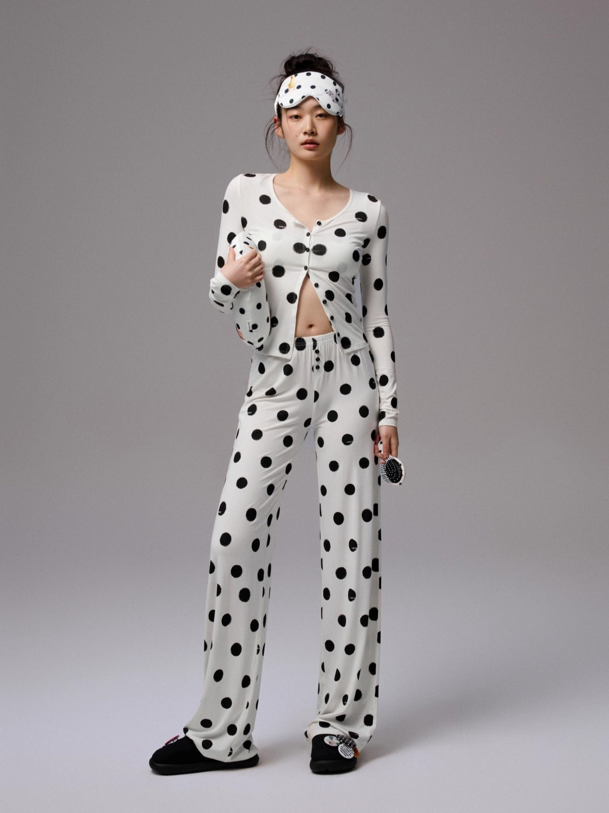 Polka Dot Contrast Knit Cardigan & Lounge Pants Set