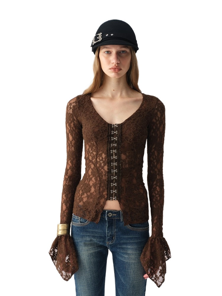 Lace Button Flare-Sleeve Top