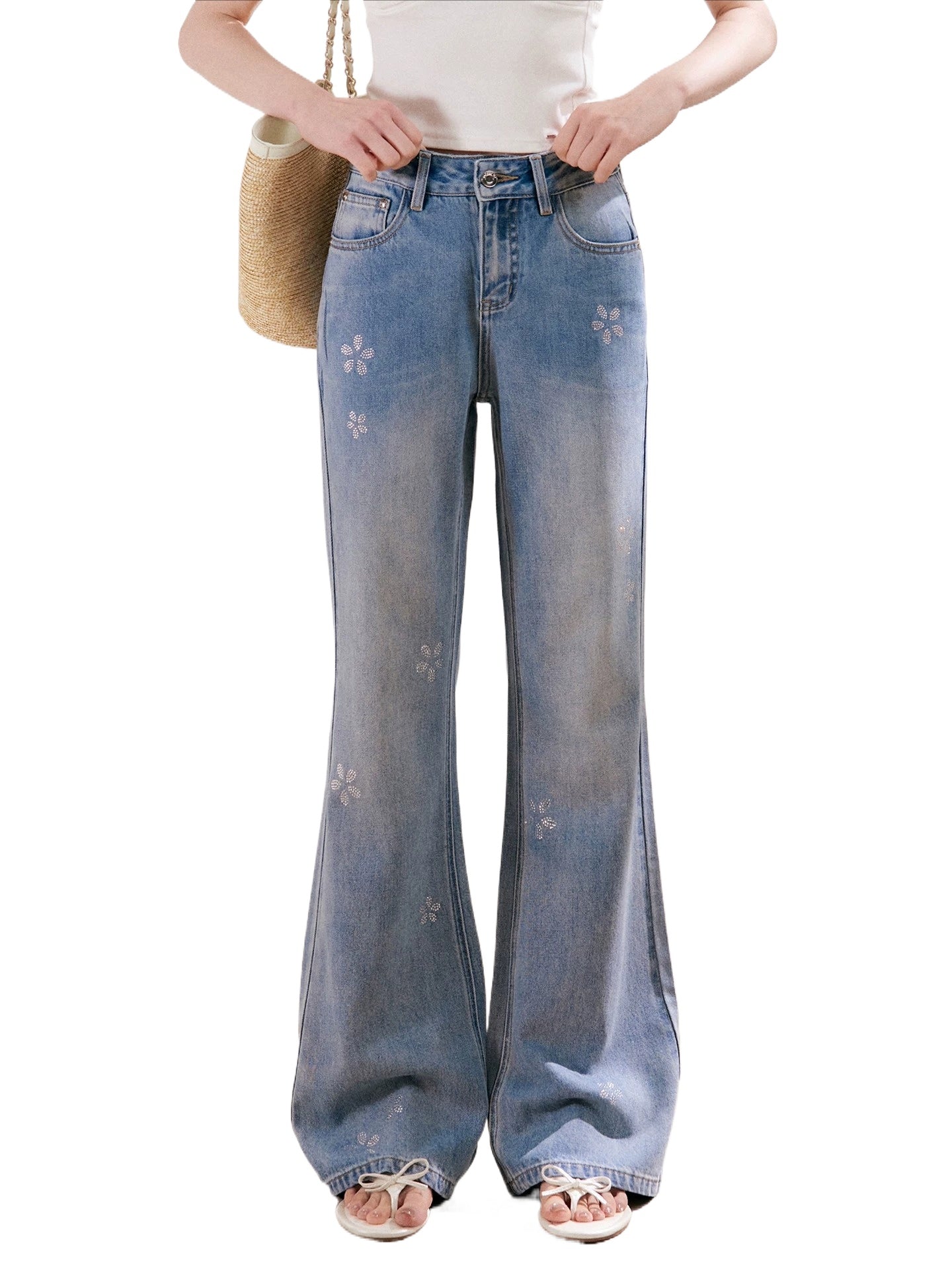 Floral Rhinestone Flared Jeans