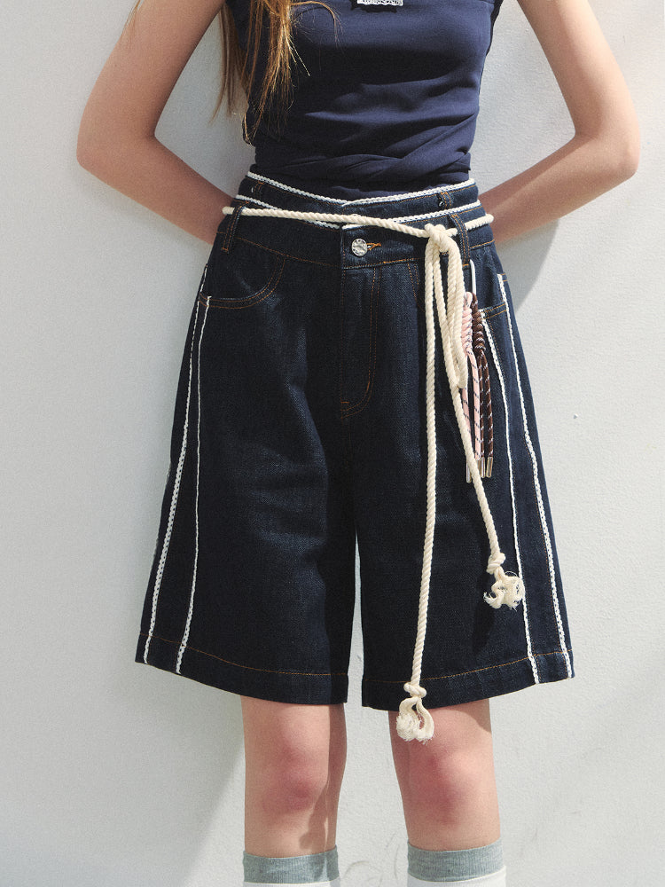 Lace-adorned Polka-dot Denim Capri Pants