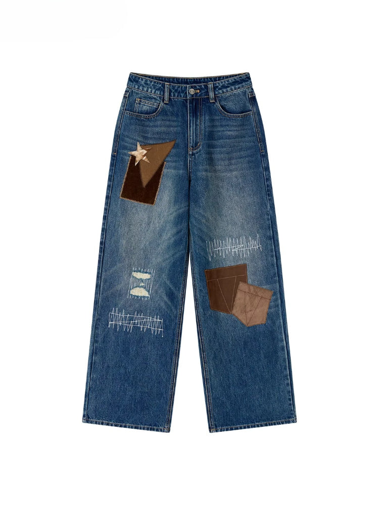 Patchwork Contrast Straight-Leg Jeans