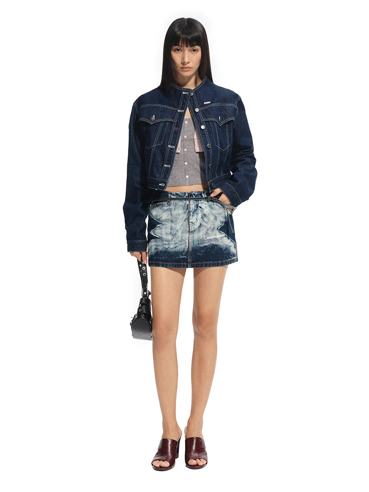 Denim Stand-Collar Regular-Shoulder Short Jacket