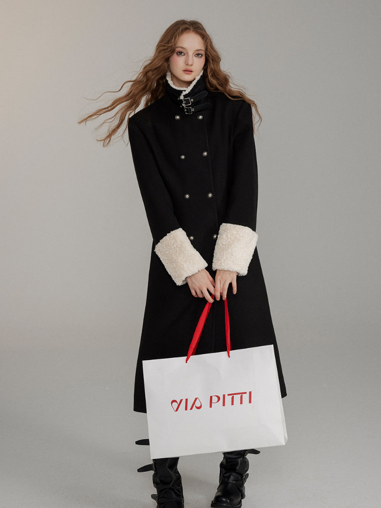 Wool Fleece Trim Long Coat