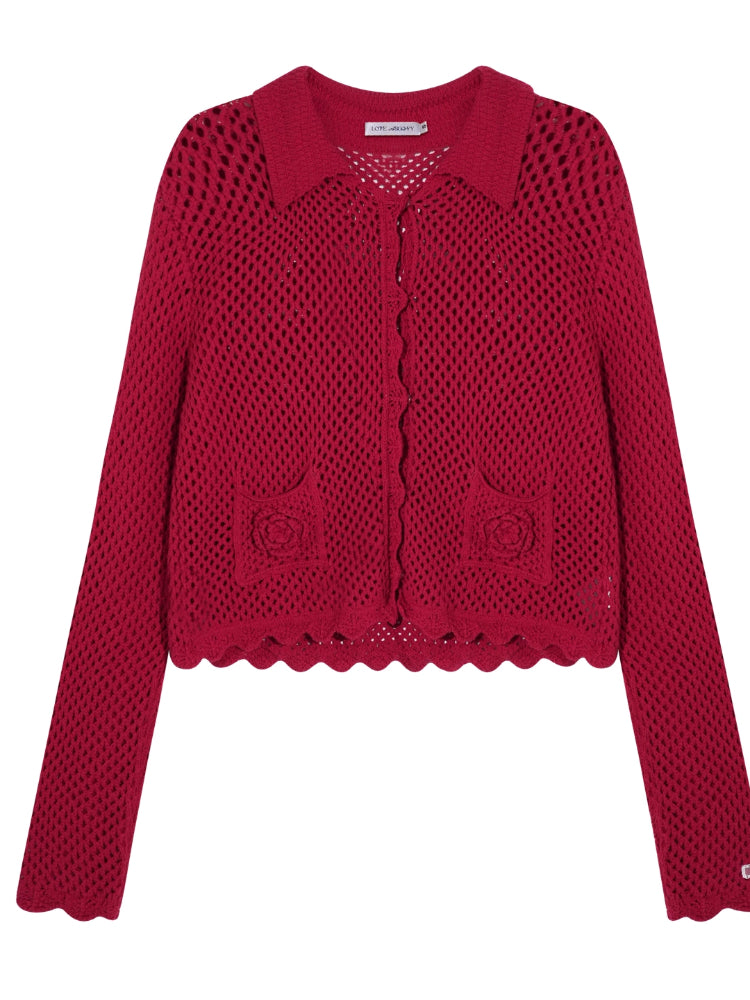 Hollow-out 3D Flower Crochet Lapel Cardigan