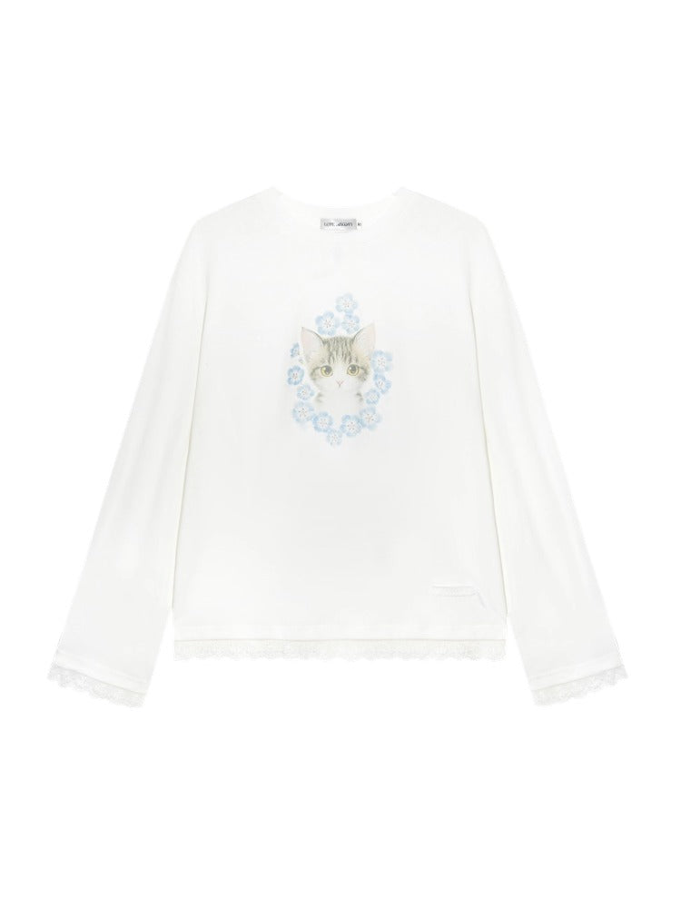 Lace Panel Animal Print Long-Sleeve Tee