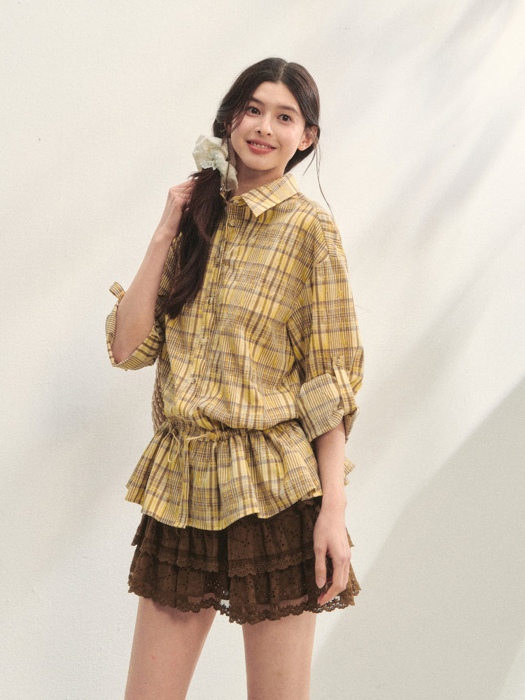 Ruffled Hem Waist-Cinching Checked Shirt