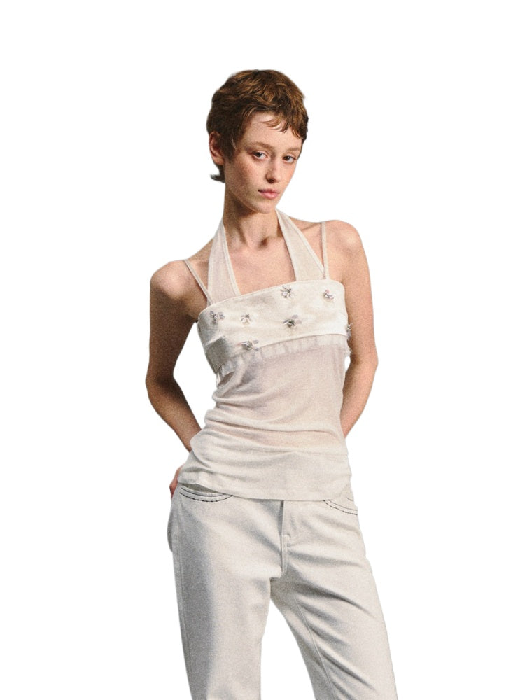 White Beaded Halter Cami Top