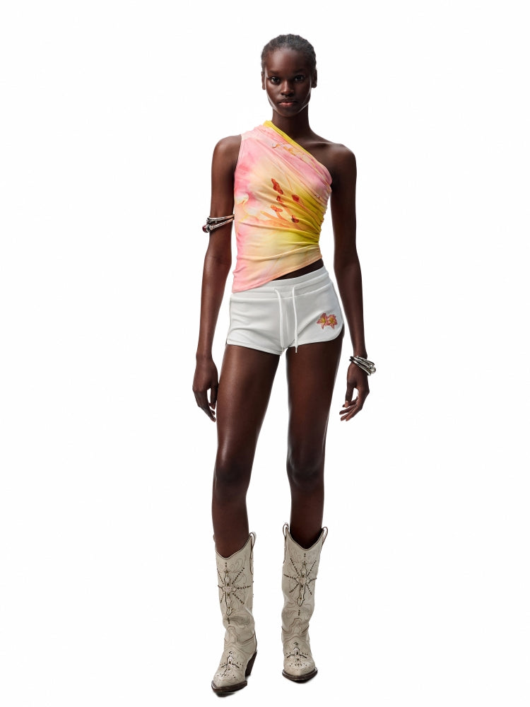 Slanted Shoulder Wrinkle-Printed Floral Vest