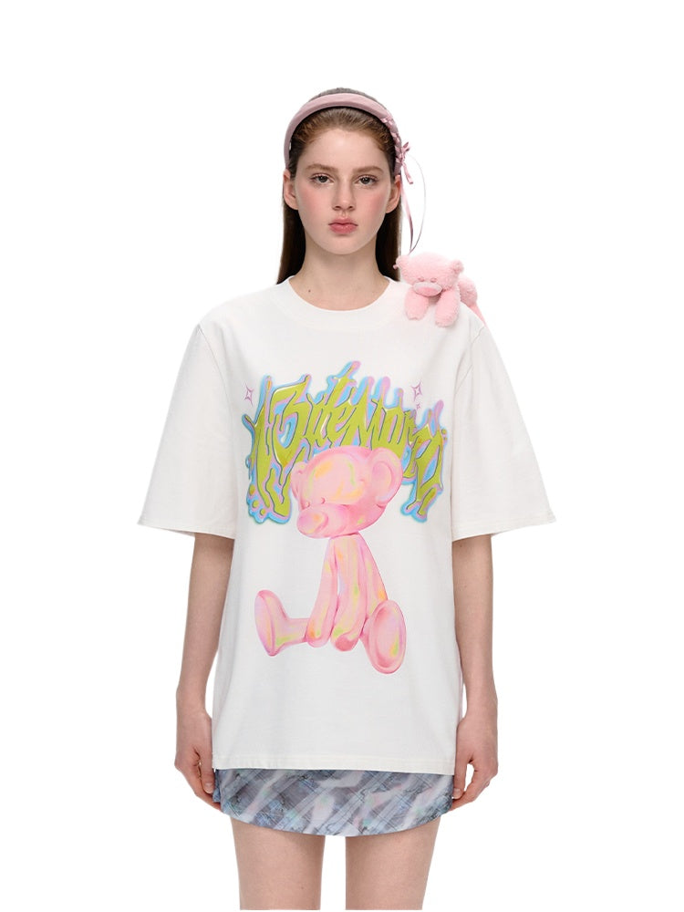 Illustrated Colorful Bear Round-Neck T-Shirt