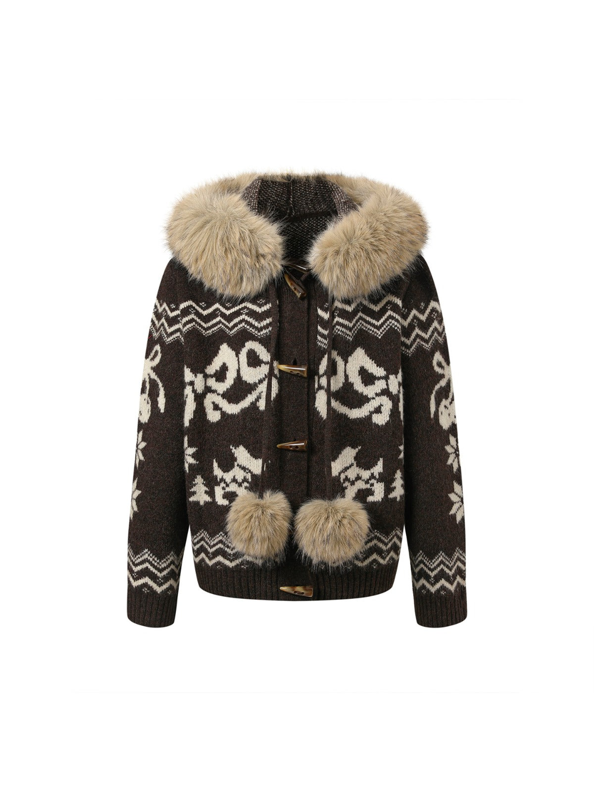 Fair Isle Fur Collar Toggle Knit Coat