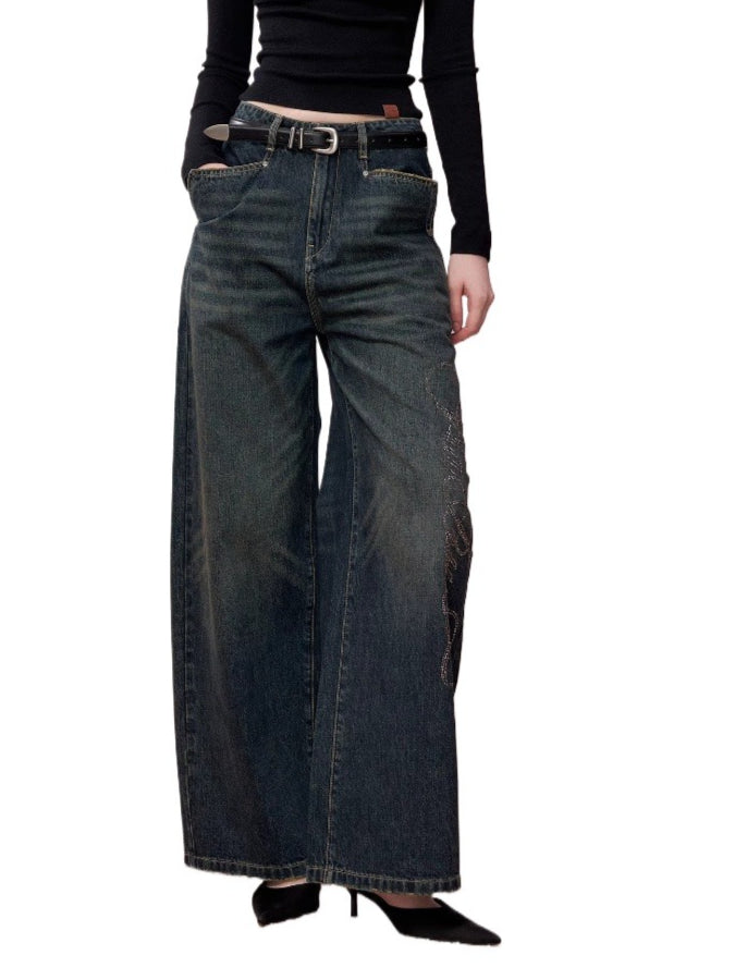 Retro Blue Studded Letter Wide-Leg Jeans