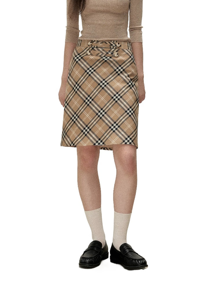 Brown Plaid Napoleon Midi Skirt