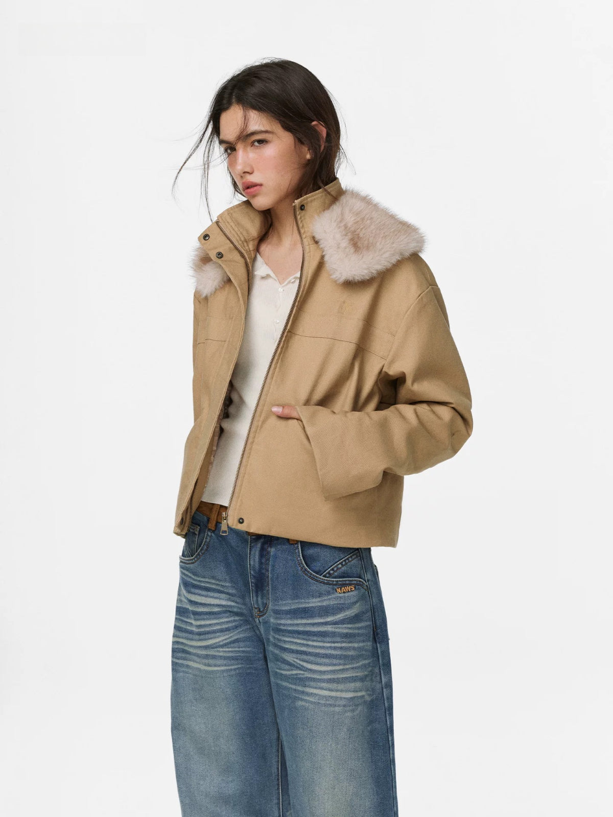 Warm Camel Fur Collar Cotton Coat