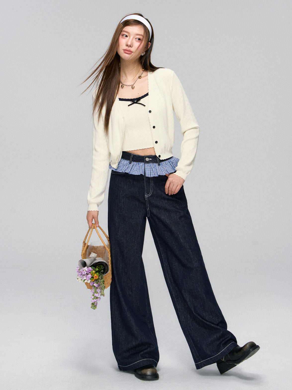 Ruffled Plaid Patchwork Straight Jeans