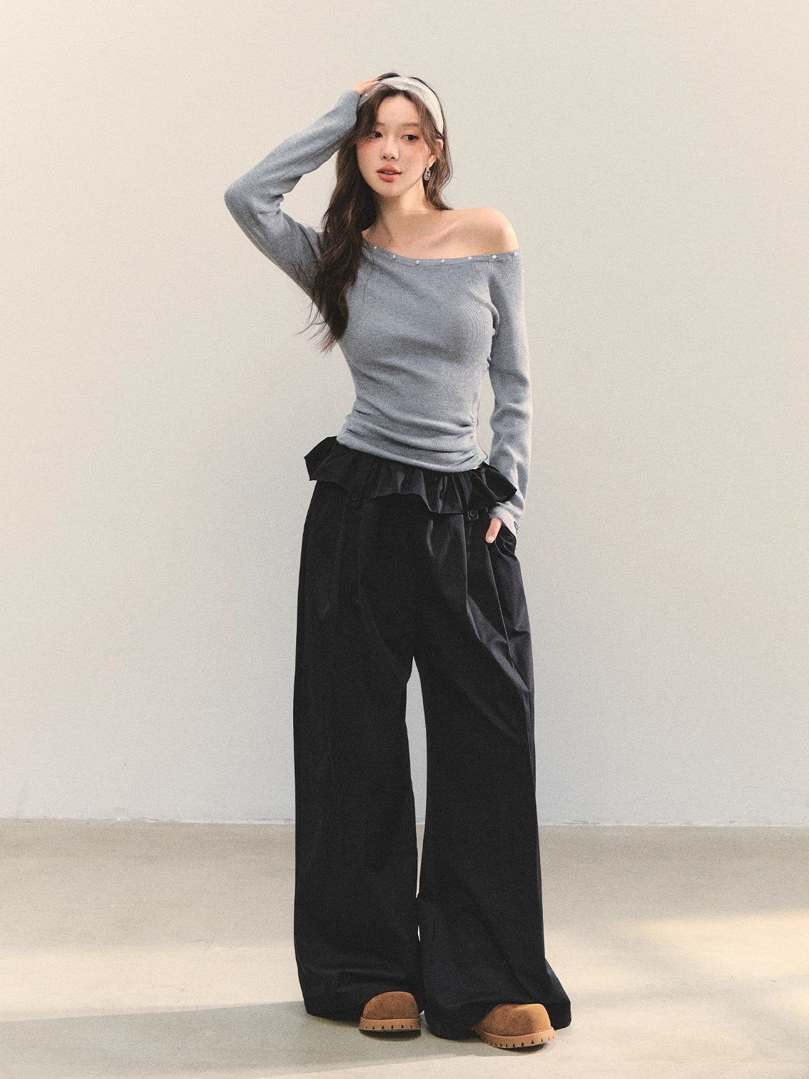 Brown & Black Fold-Waist Balloon Pants