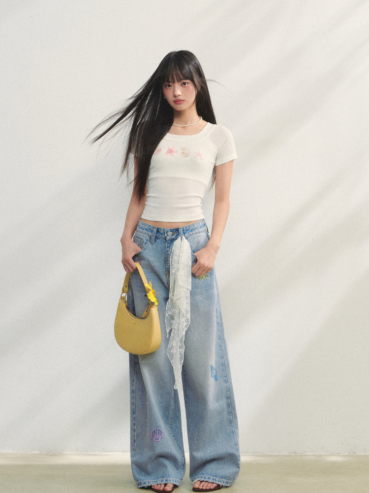 Crew Neck Printed Backless Embroidered T-Shirt