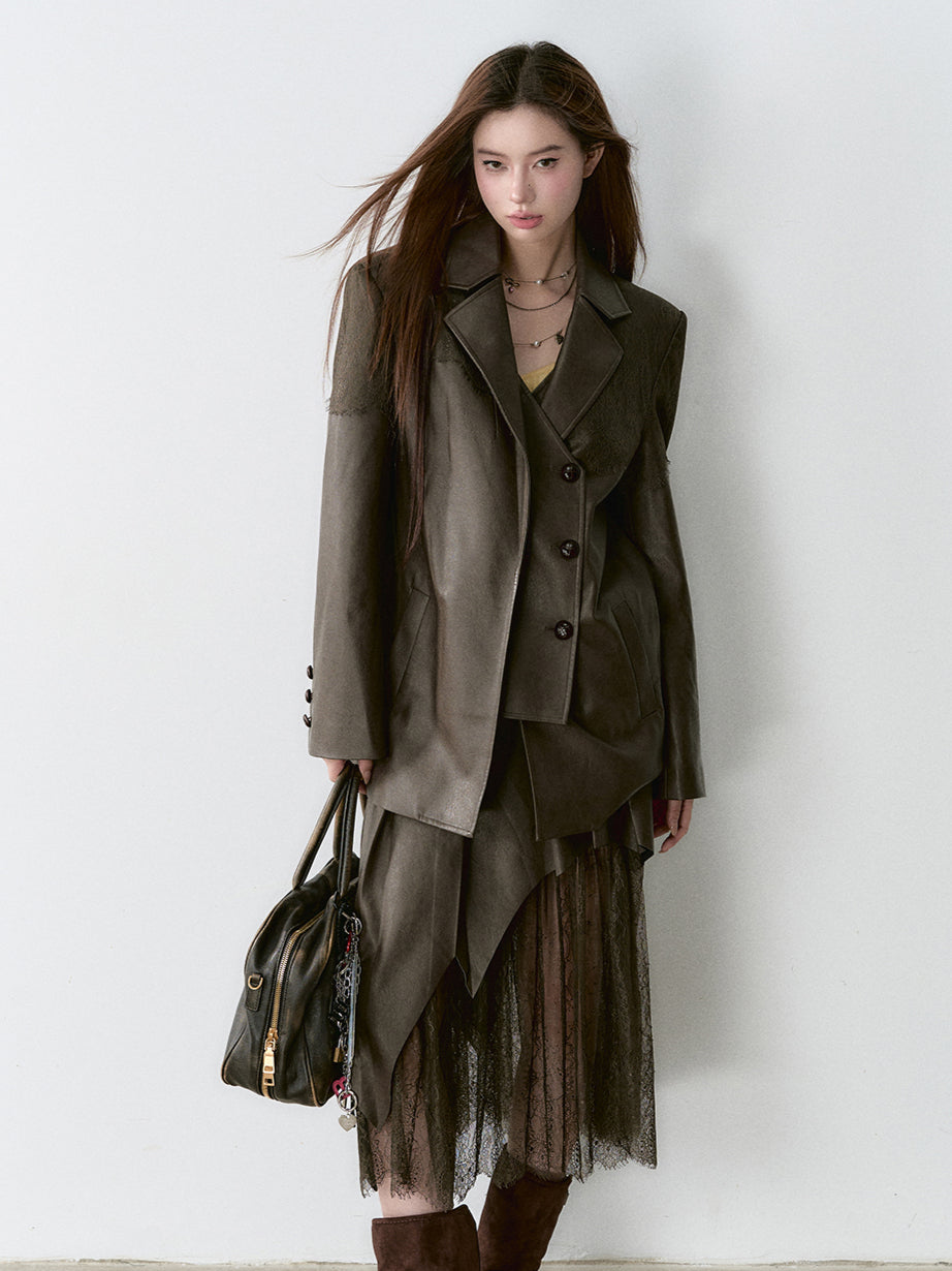 Coffee & Black Lace-paneled PU Leather Skirt