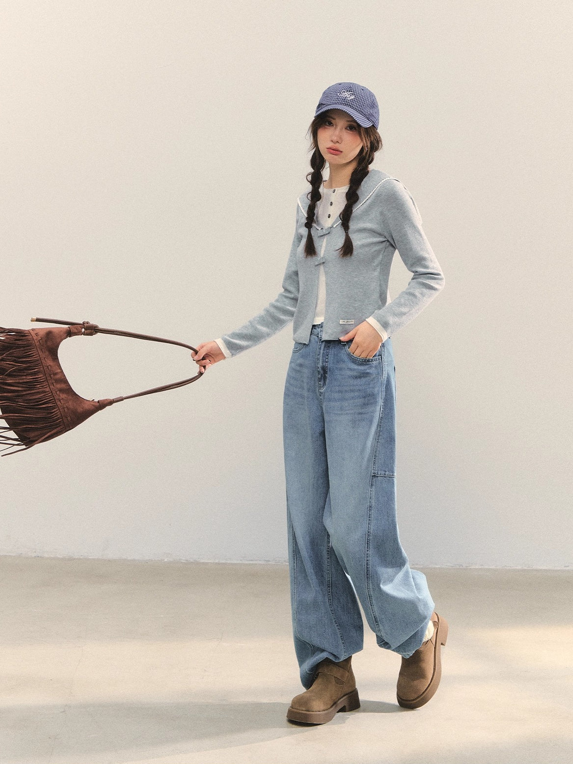 Navy Blue & Gray Sailor-Bow Knit Cardigan