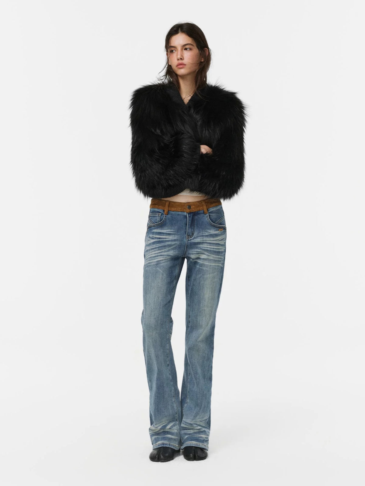 Suede Waistband Washed Bootcut Jeans