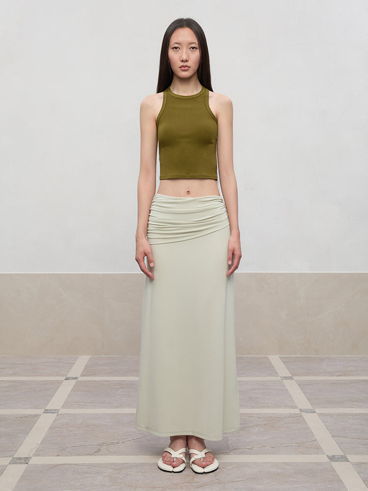 Lyocell Pleated Mid-Low Waist Midi Skirt