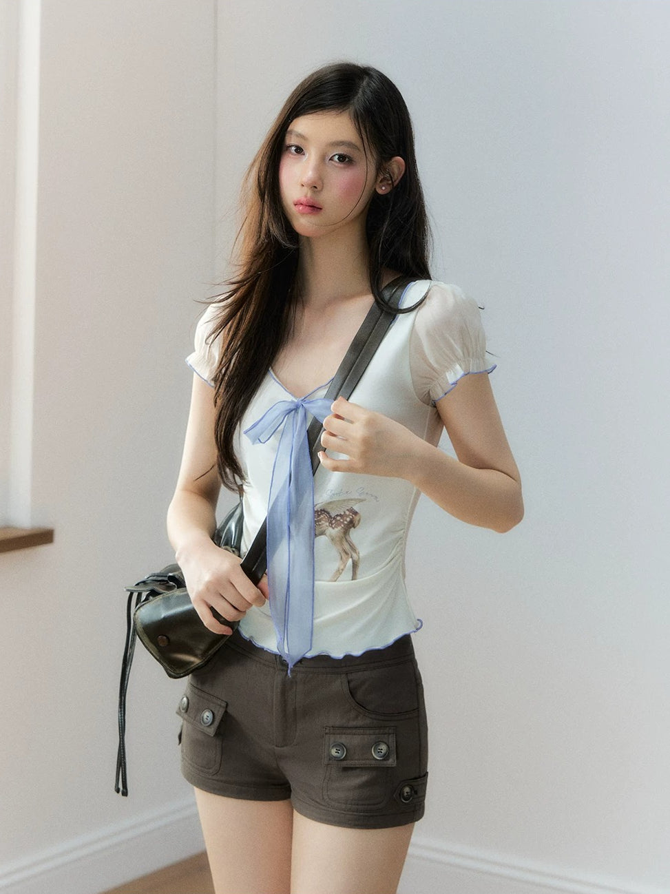 Lyocell Deer Ribbon Print Top