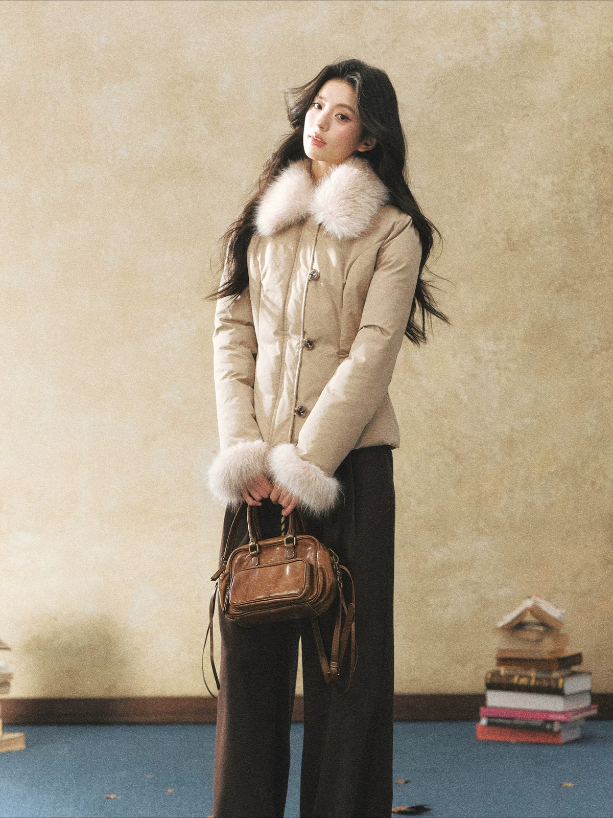 Khaki Faux Fur Collar Puffer Jacket