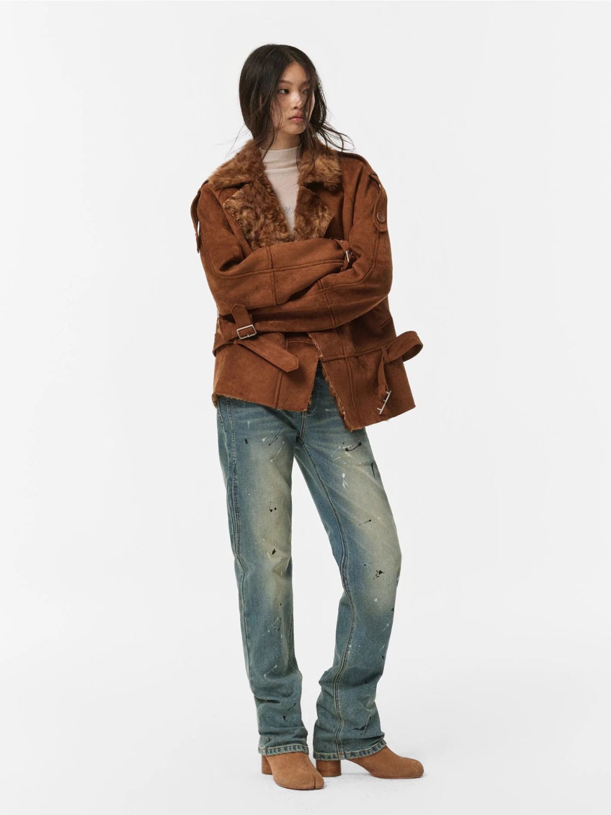 Faux Suede Plush Collar Coat