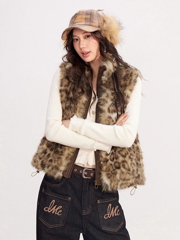Leopard Print Spliced Faux Fur Vest