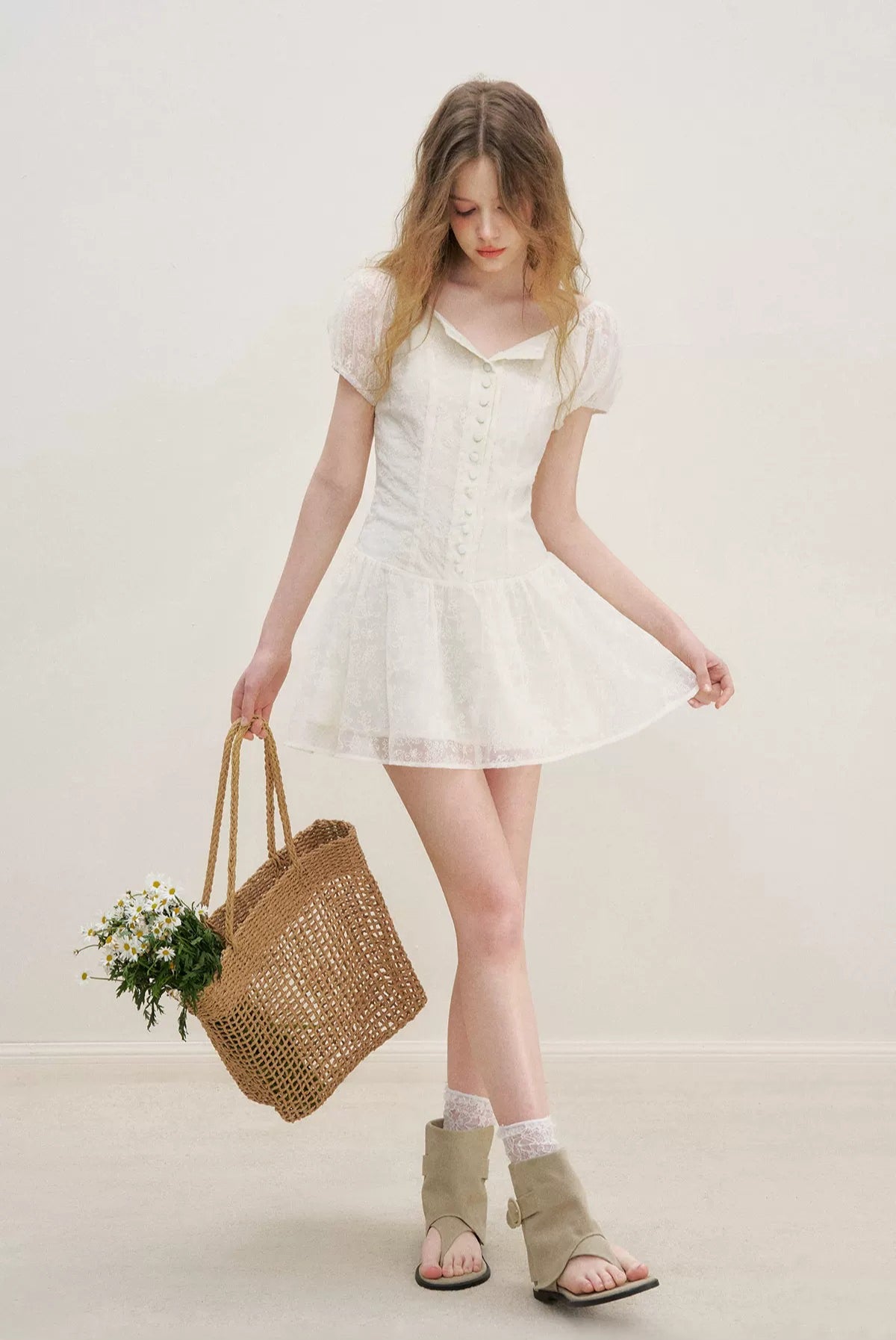 Apricot Floral Embroidered Puff Sleeve Dress