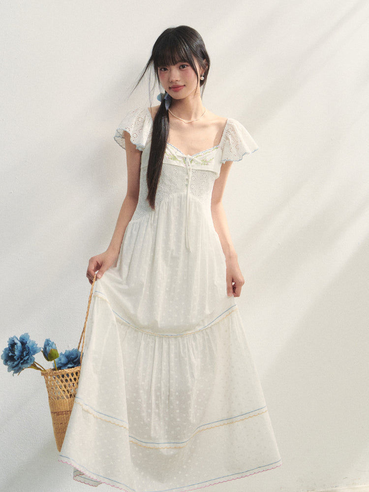 White Square Neck Hollow Embroidered Dress