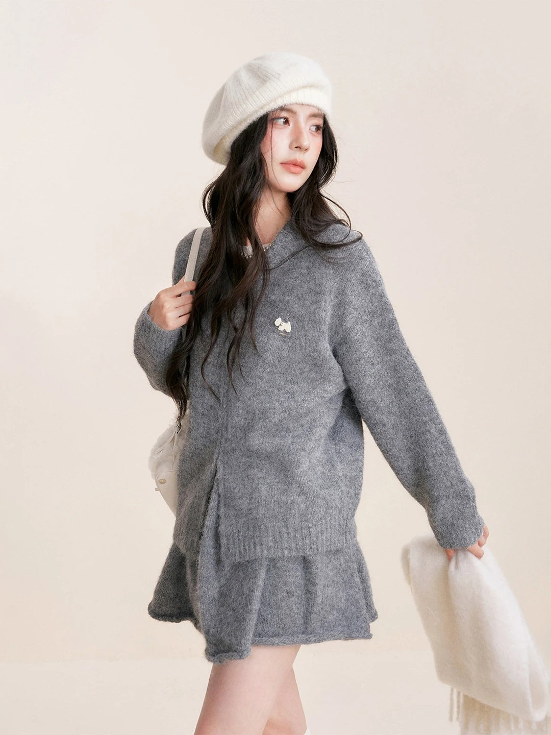 Gray Flocked Puppy Wool Blend Knit Set