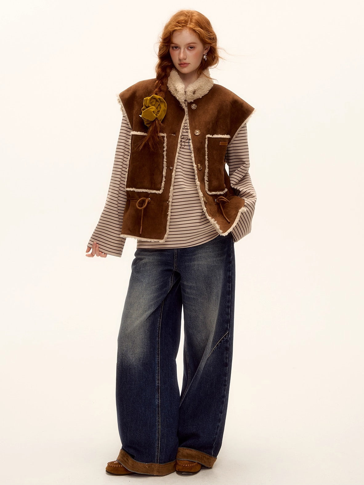 Suede Patchwork Cat-Whisker Wide-Leg Jeans