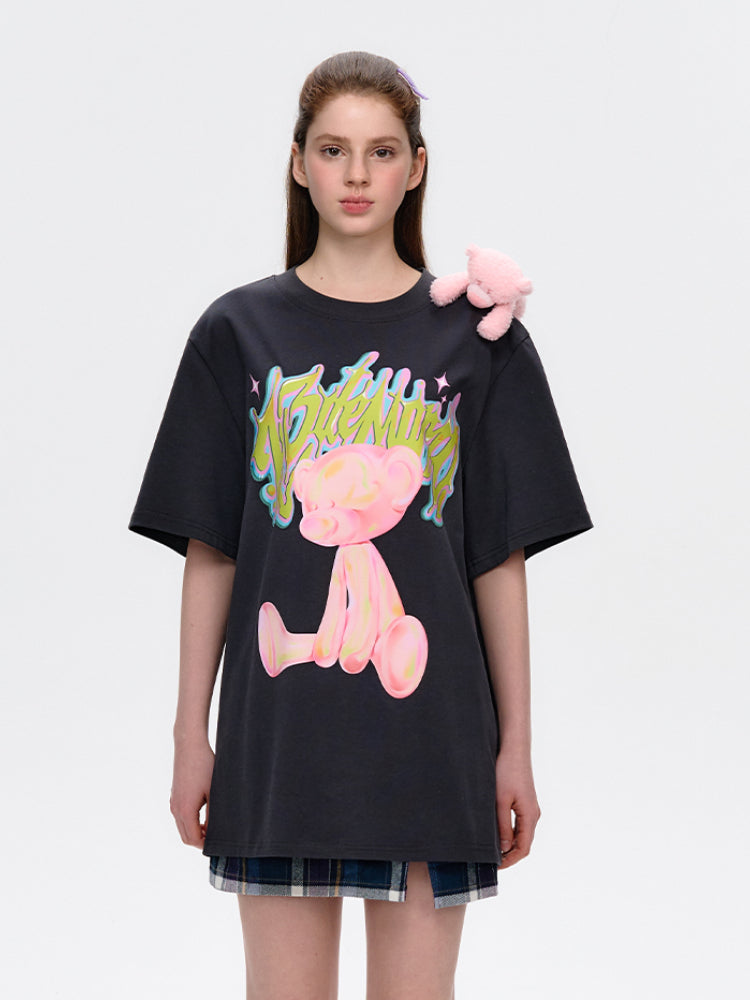 Illustrated Colorful Bear Round-Neck T-Shirt