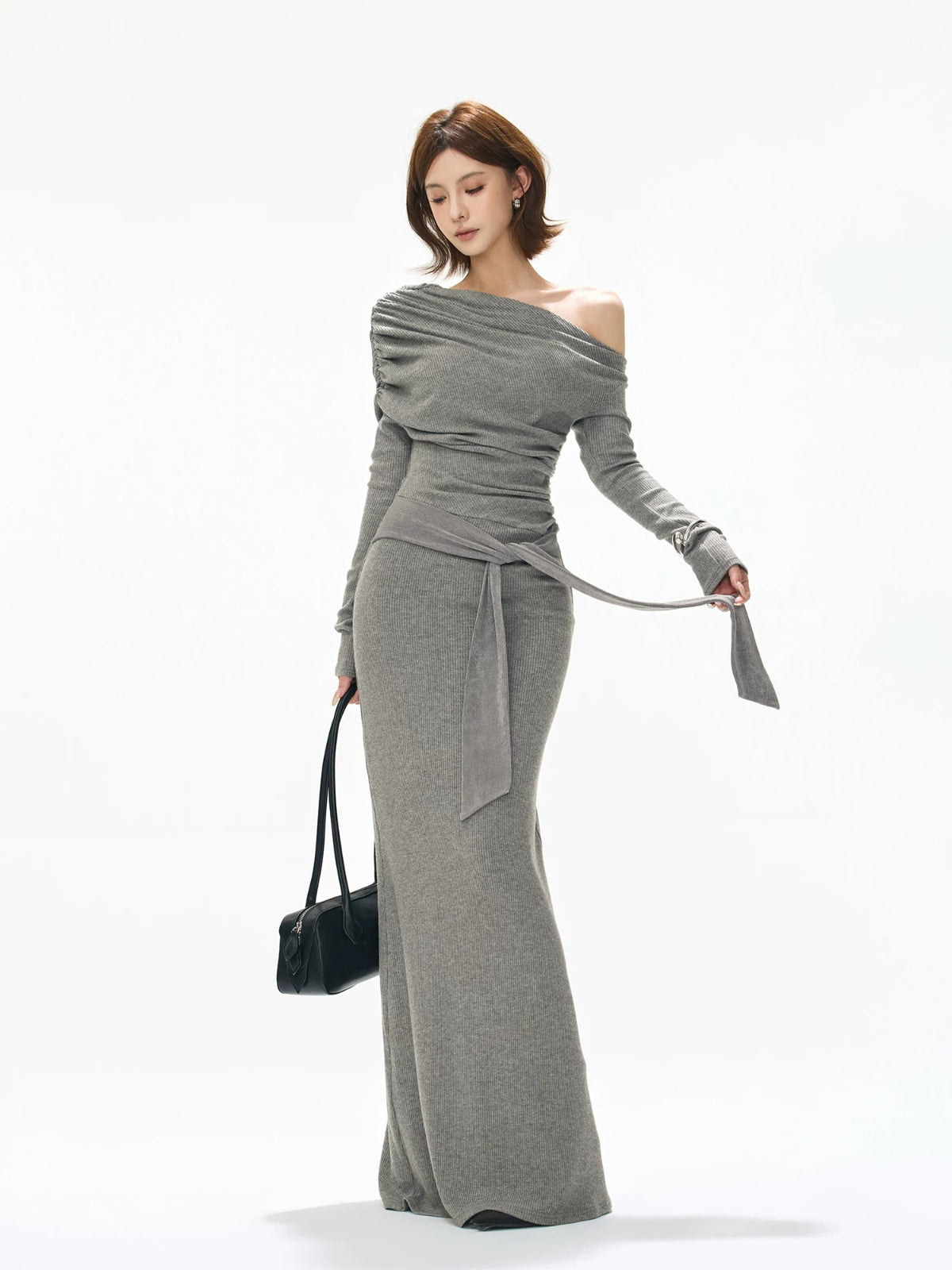 Ruched One-Shoulder Knit Dress