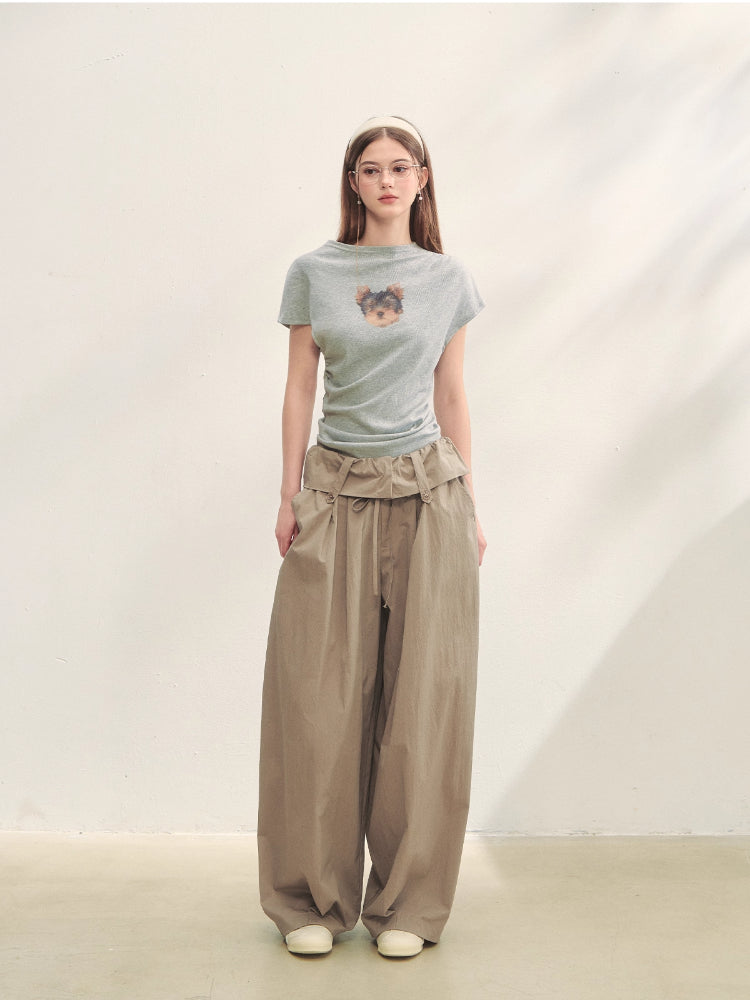 Elastic Pleated Crew Neck T-shirt