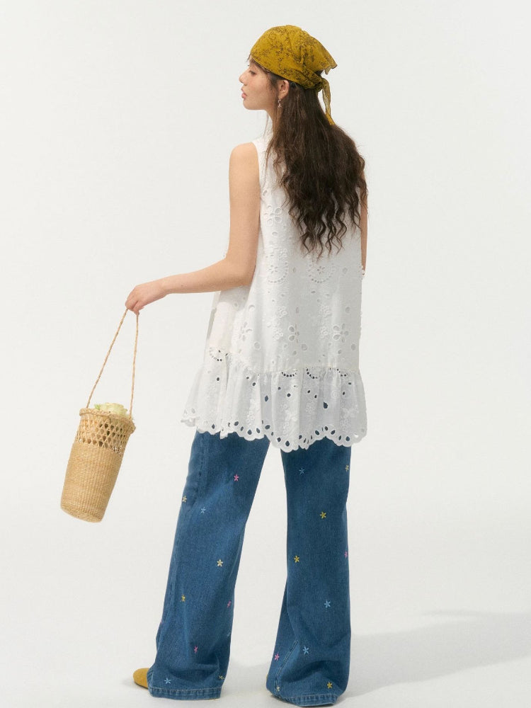 Embroidered High-Waisted Wide-Leg Pants